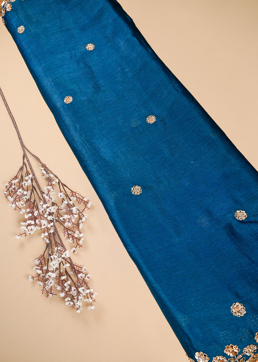 Blue Chinon Chiffon Dupatta Fabric With All Over Zari, Sequins And Katdana Work With Both Side Border 25906
