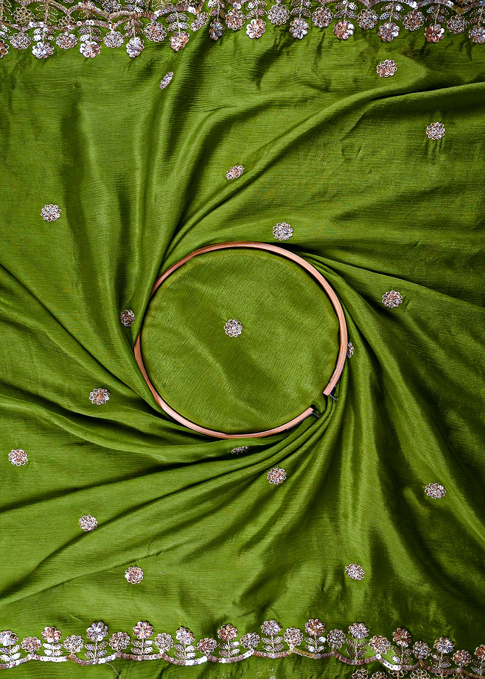Green Chinon Chiffon Dupatta Fabric With All Over Zari, Sequins And Katdana Work With Both Side Border 25908
