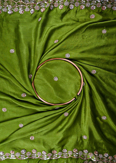 Green Chinon Chiffon Dupatta Fabric With All Over Zari, Sequins And Katdana Work With Both Side Border 25908