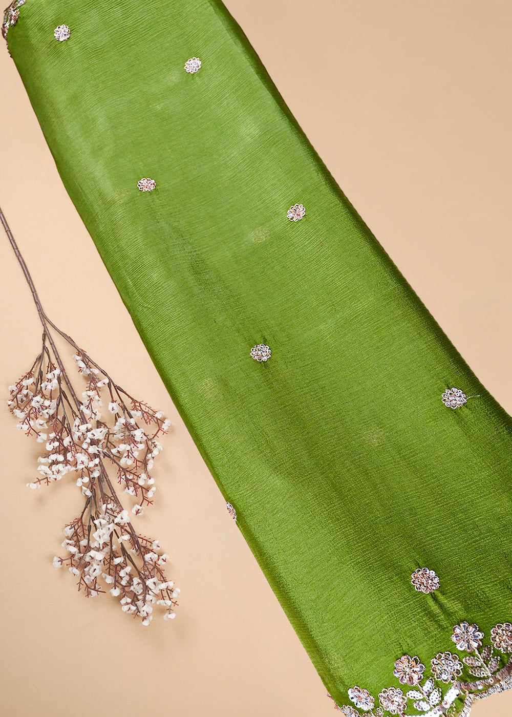 Green Chinon Chiffon Dupatta Fabric With All Over Zari, Sequins And Katdana Work With Both Side Border 25908