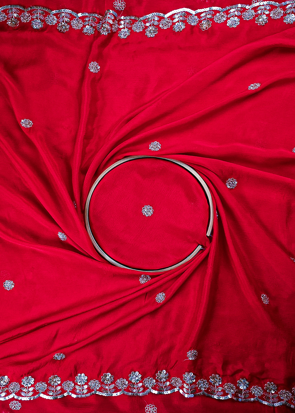 Red Chinon Chiffon Dupatta Fabric With All Over Zari, Sequins And Katdana Work With Both Side Border 25909