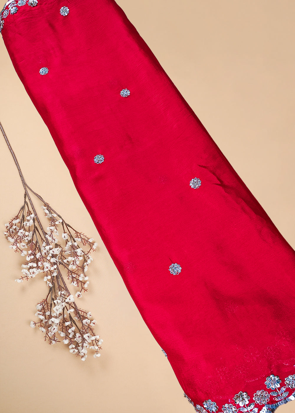Red Chinon Chiffon Dupatta Fabric With All Over Zari, Sequins And Katdana Work With Both Side Border 25909