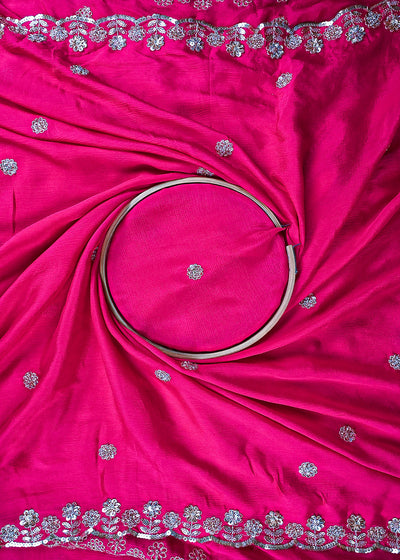 Pink Chinon Chiffon Dupatta Fabric With All Over Zari, Sequins And Katdana Work With Both Side Border 25910