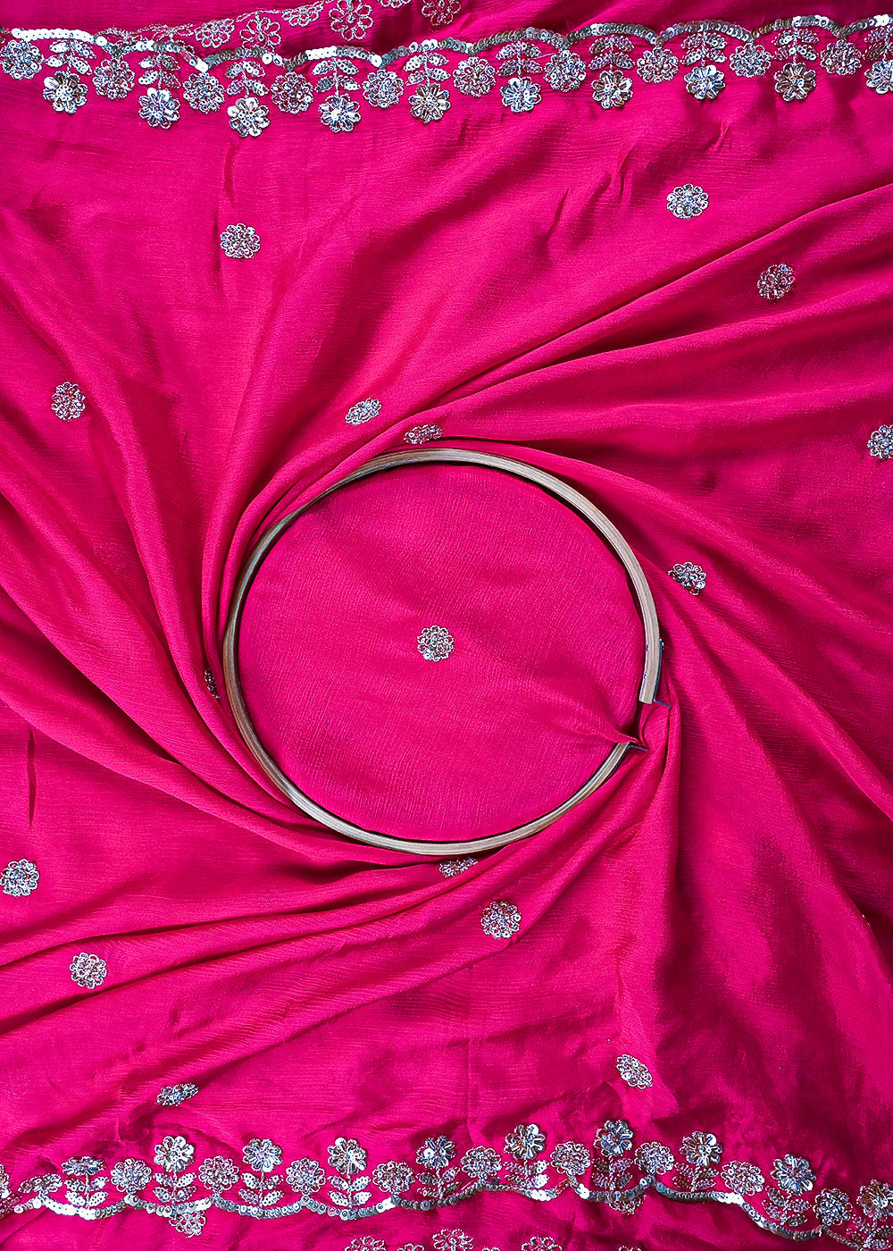 Pink Chinon Chiffon Dupatta Fabric With All Over Zari, Sequins And Katdana Work With Both Side Border 25910