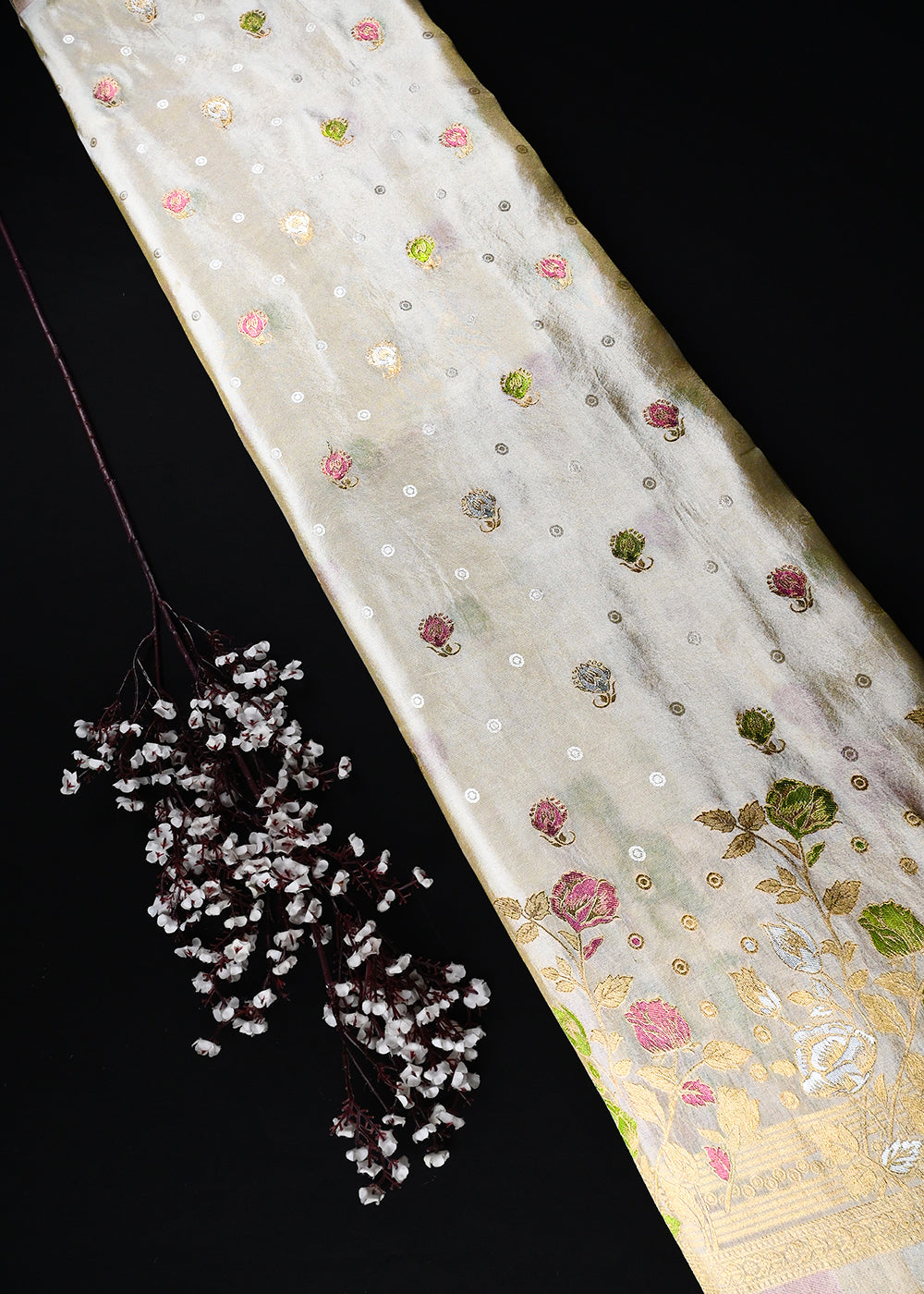 Golden Dyeable Tissue Fabric With All Over Thread And Zari Handloom With One Side Border 25939