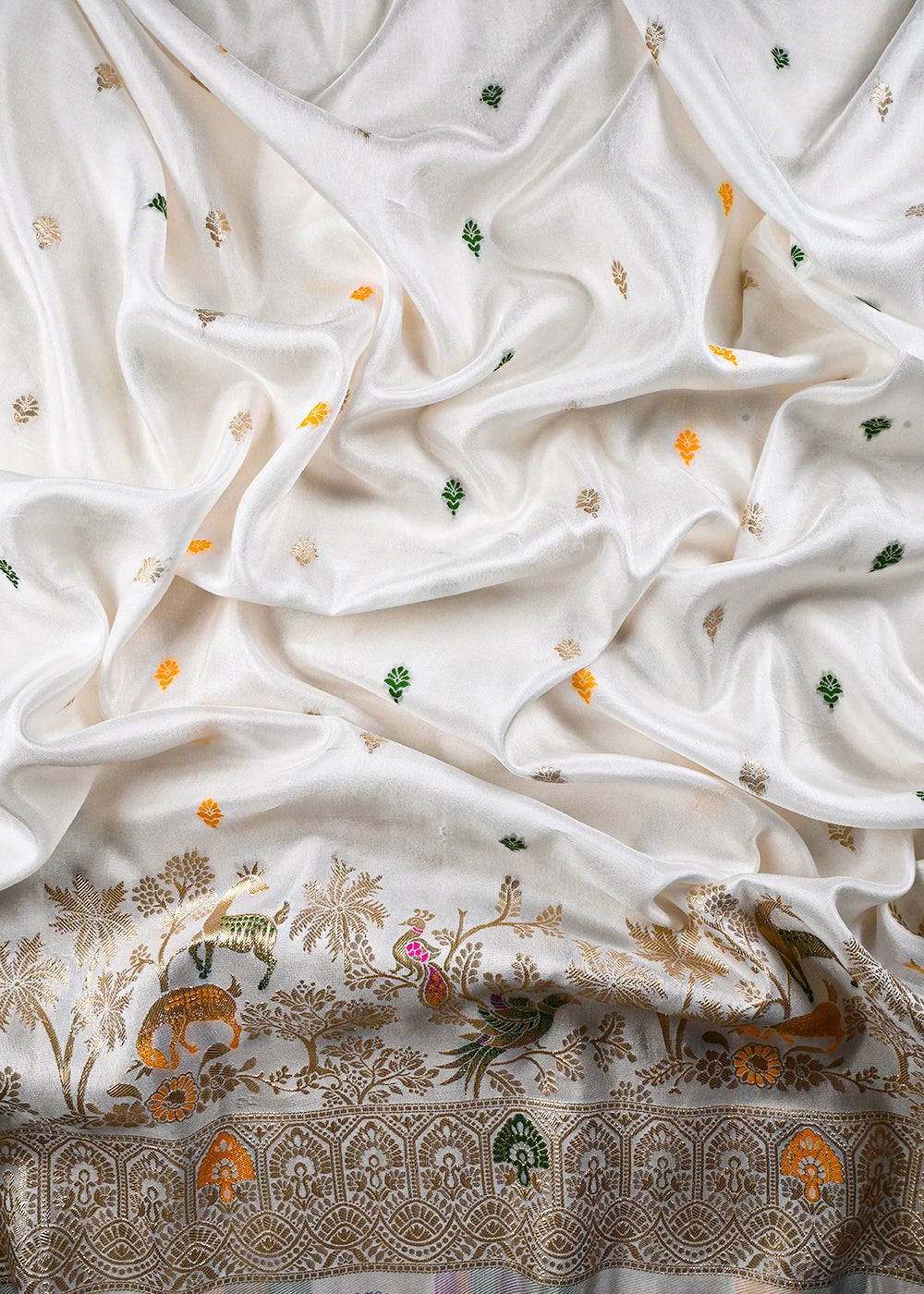 White Dyeable Silk Fabric With All Over Thread And Zari Handloom With One Side Border 25942