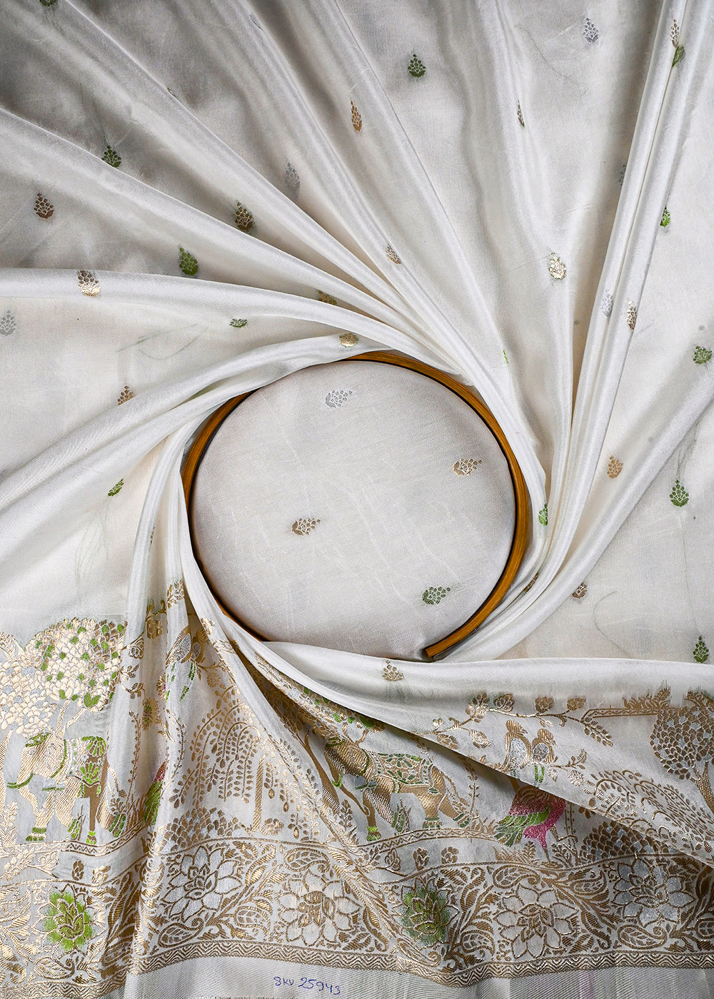 White Dyeable Silk Fabric With All Over Thread And Zari Handloom With One Side Border 25943