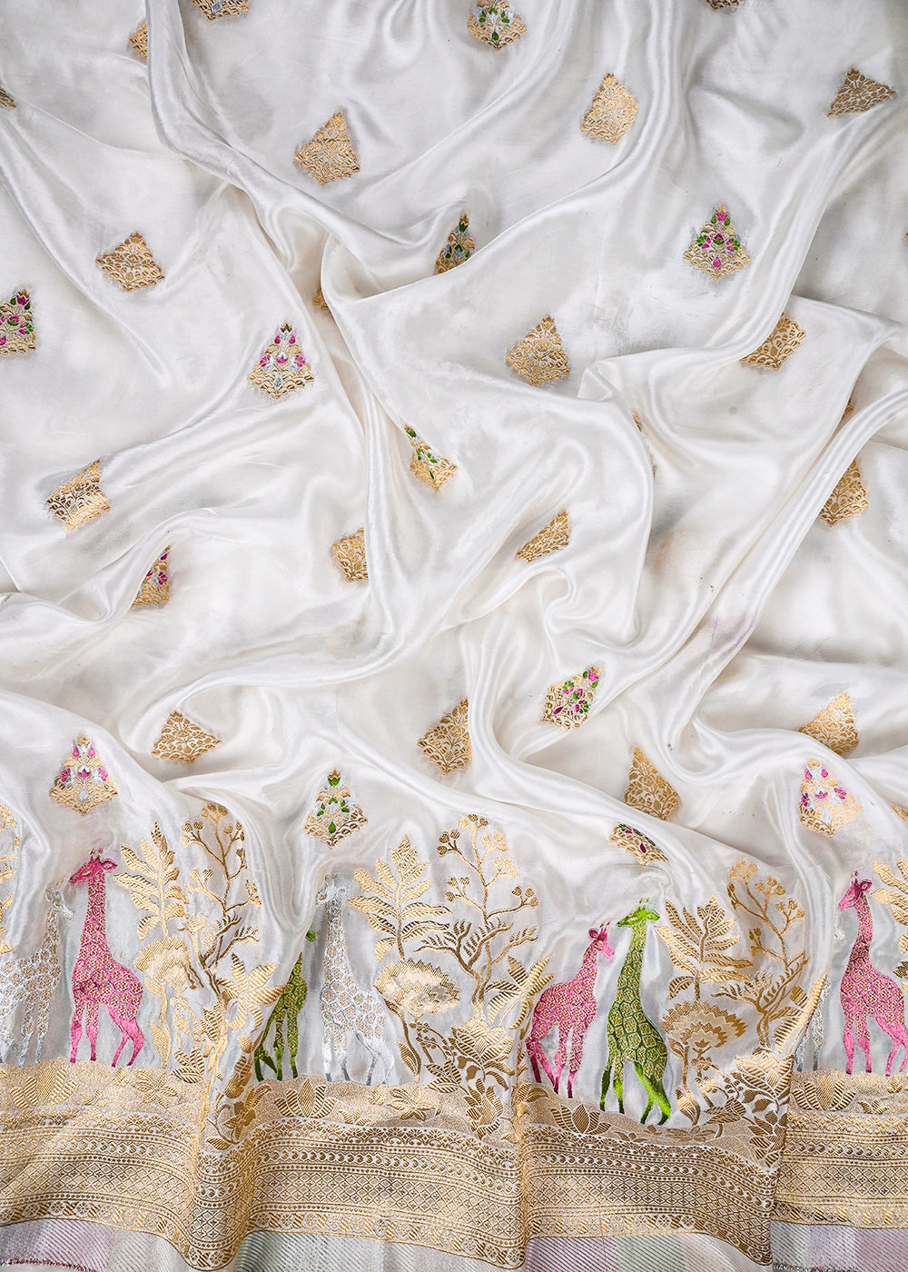 White Dyeable Silk Fabric With All Over Thread And Zari Handloom With One Side Border 25944