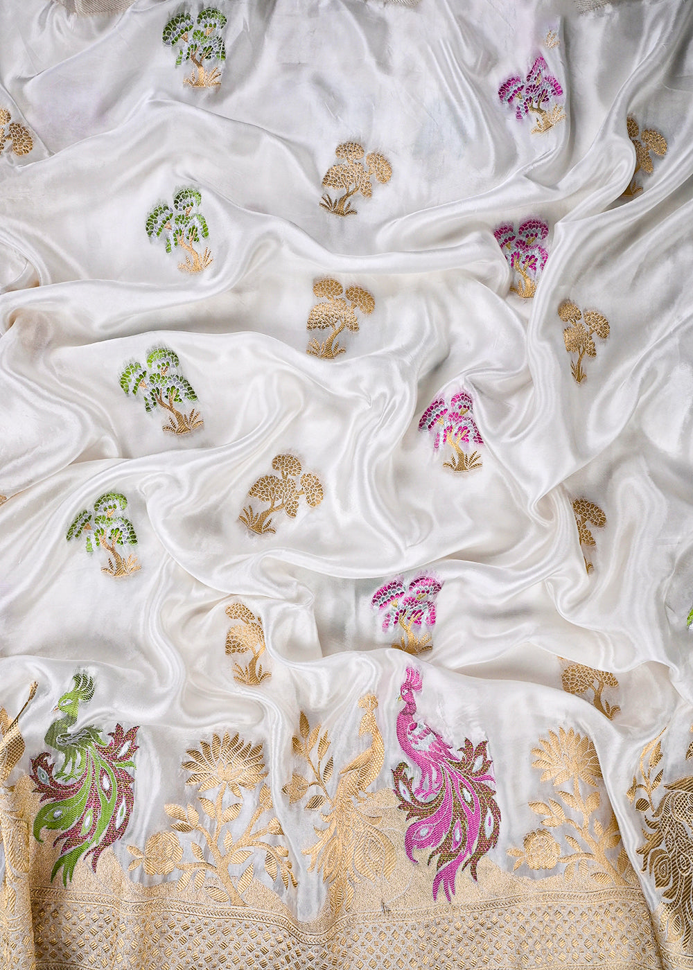 White Dyeable Silk Fabric With All Over Thread And Zari Handloom With One Side Border 25945