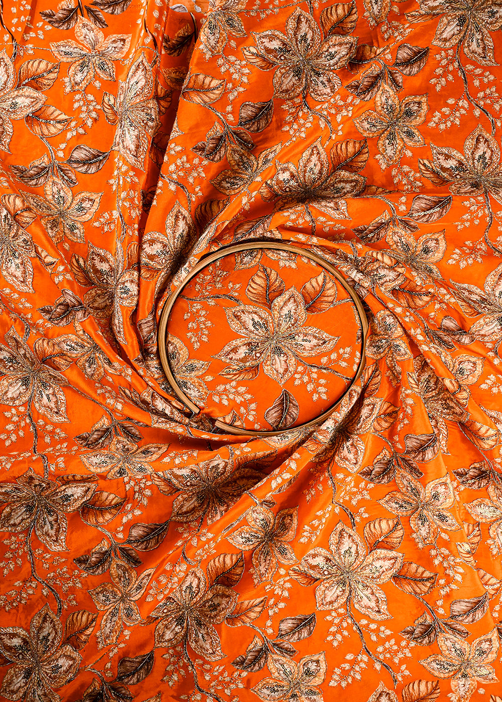 Orange Crepe Fabric With All Over Zari And Sequins Work 25968