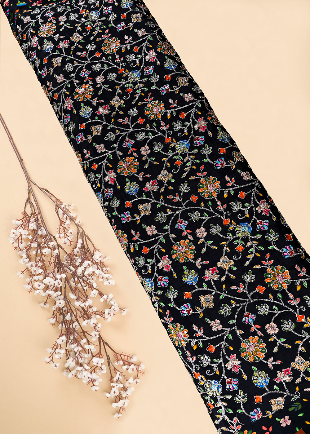 Black Crepe Fabric With All Over Zari And Sequins Work 25970