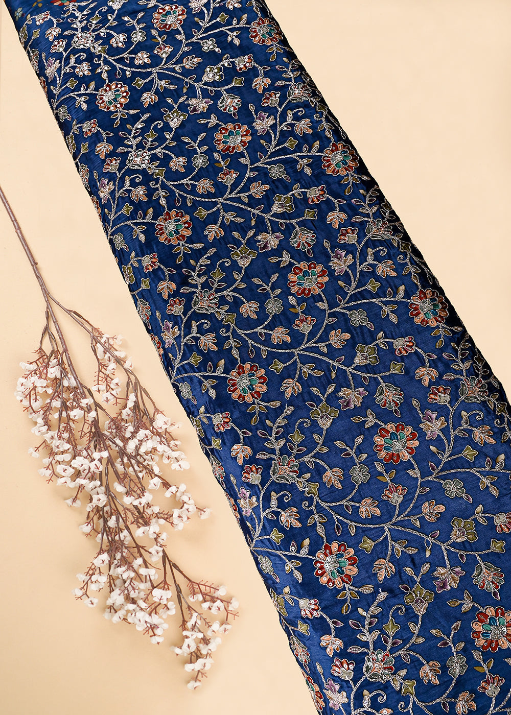 Greyish Blue Crepe Fabric With All Over Zari And Sequins Work 25971