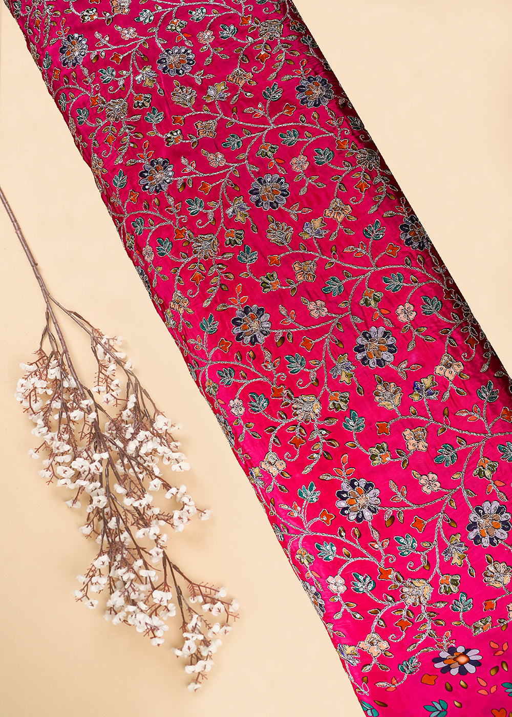 Pink Crepe Fabric With All Over Zari And Sequins Work 25973