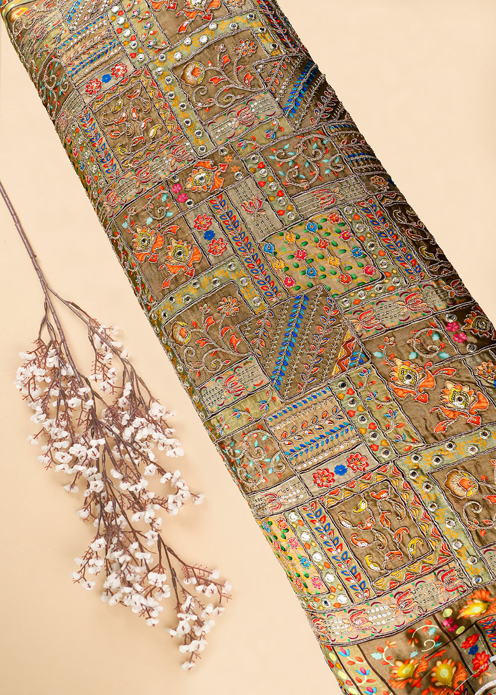 Olive Crepe Fabric With All Over Zari And Sequins Work 25975
