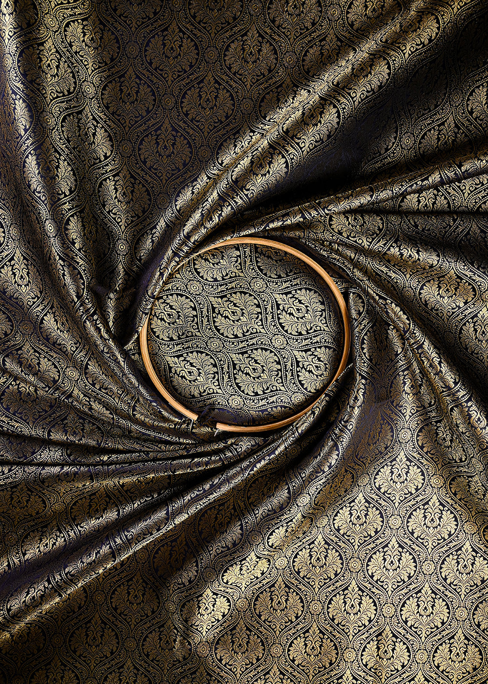 Navy Blue Banarasi Brocade Fabric With All Over Zari Handloom 25978