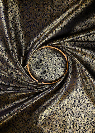 Navy Blue Banarasi Brocade Fabric With All Over Zari Handloom 25978