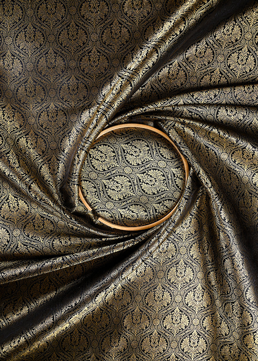 Black Banarasi Brocade Fabric With All Over Zari Handloom 25979