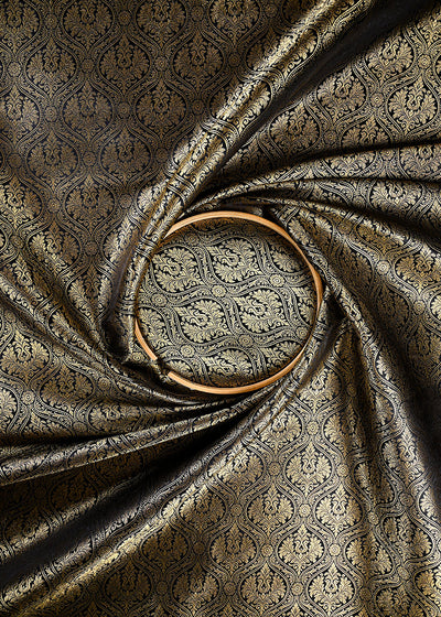 Black Banarasi Brocade Fabric With All Over Zari Handloom 25979