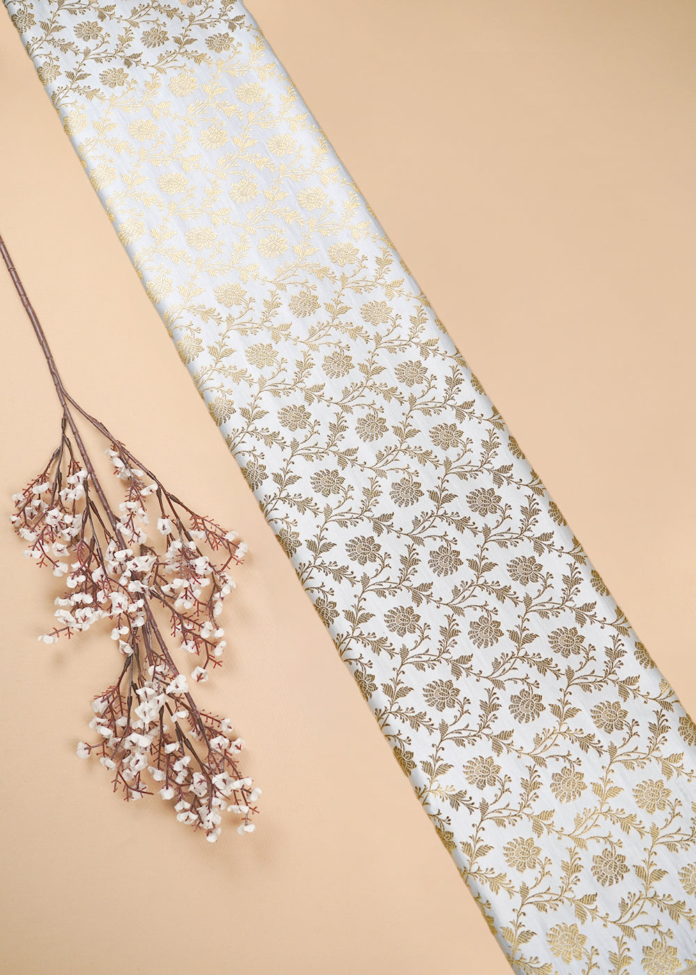Off White Banarasi Brocade Fabric With All Over Zari Handloom 25982