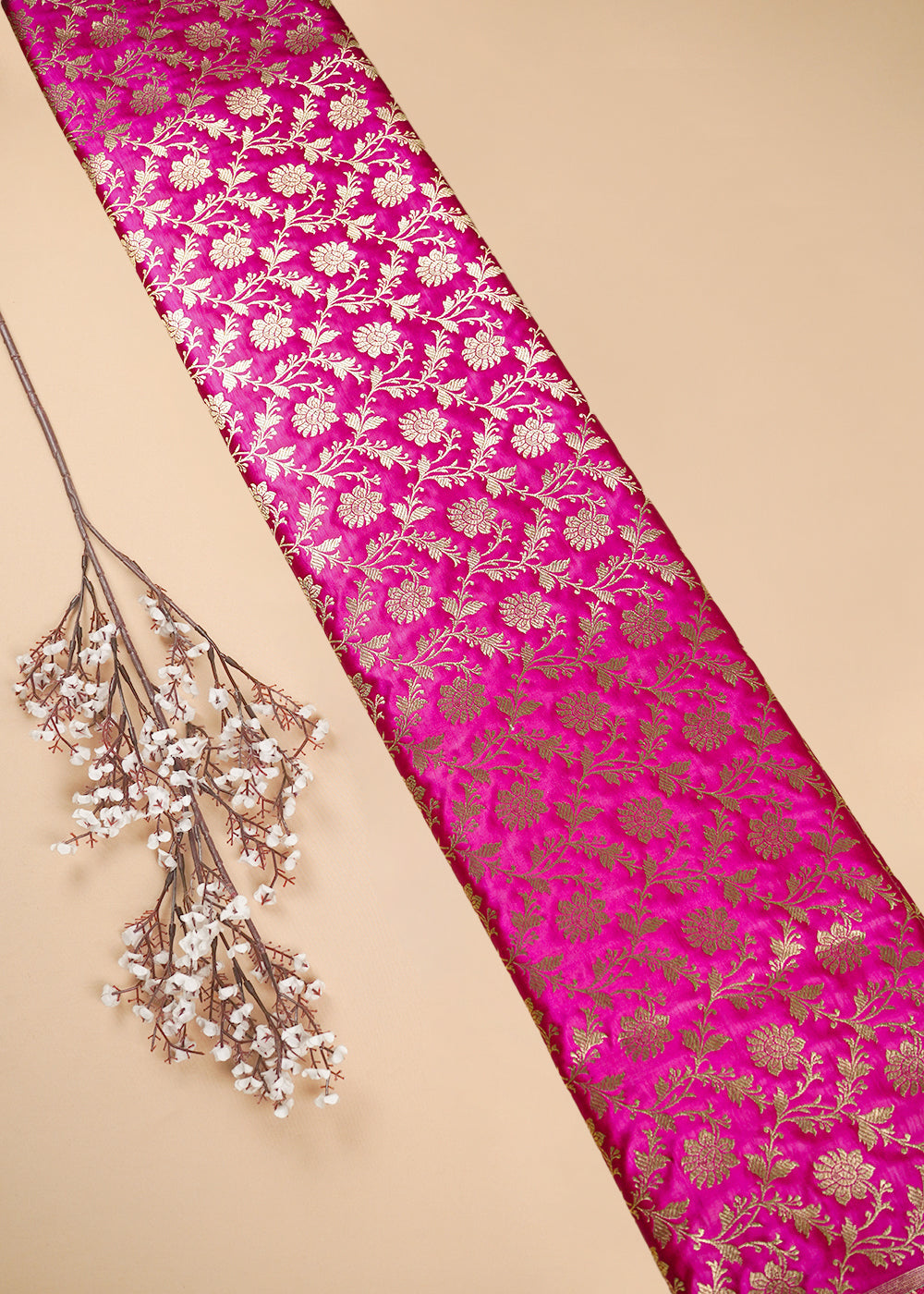 Rani Pink Banarasi Brocade Fabric With All Over Zari Handloom 25993
