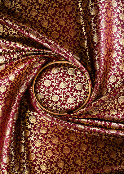 Wine Banarasi Brocade Fabric With All Over Thread And Zari Handloom 25998