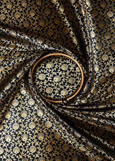 Black Banarasi Brocade Fabric With All Over Thread And Zari Handloom 25999