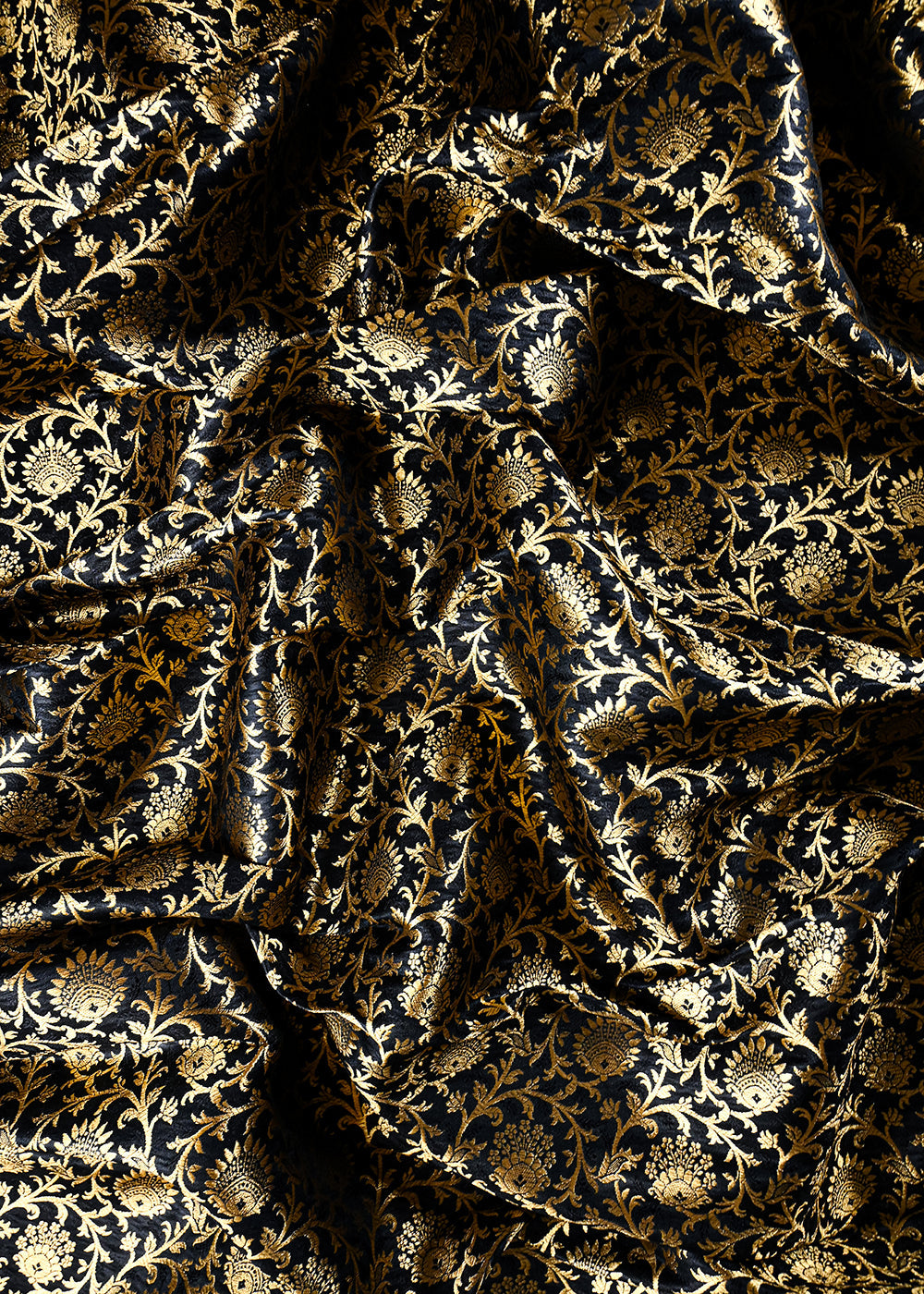 Black Banarasi Brocade Fabric With All Over Thread And Zari Handloom 25999