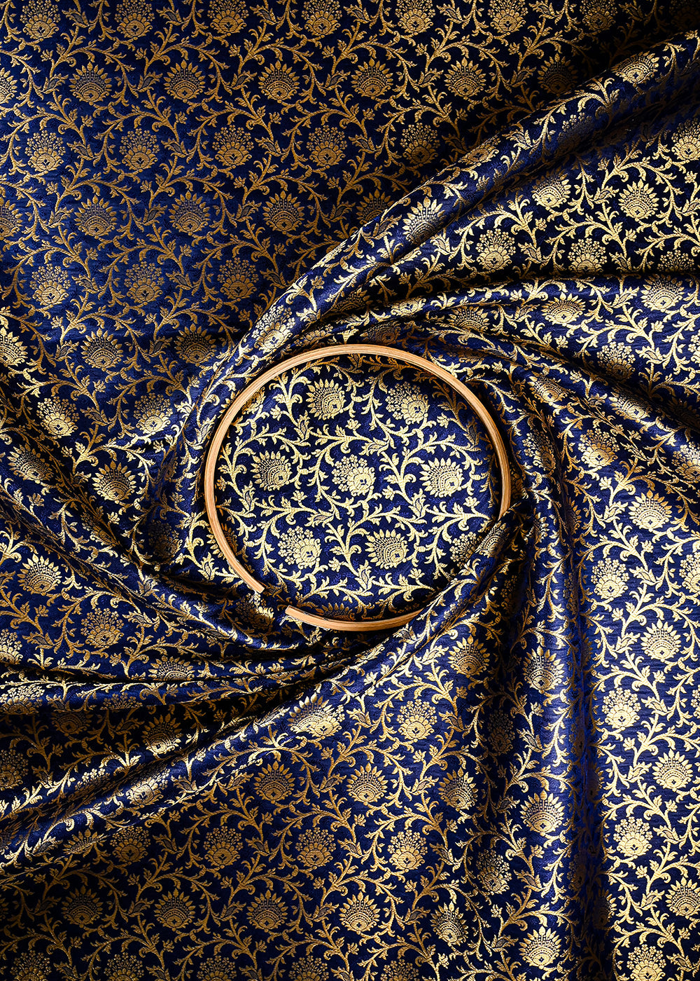 Navy Blue Banarasi Brocade Fabric With All Over Thread And Zari Handloom 26004