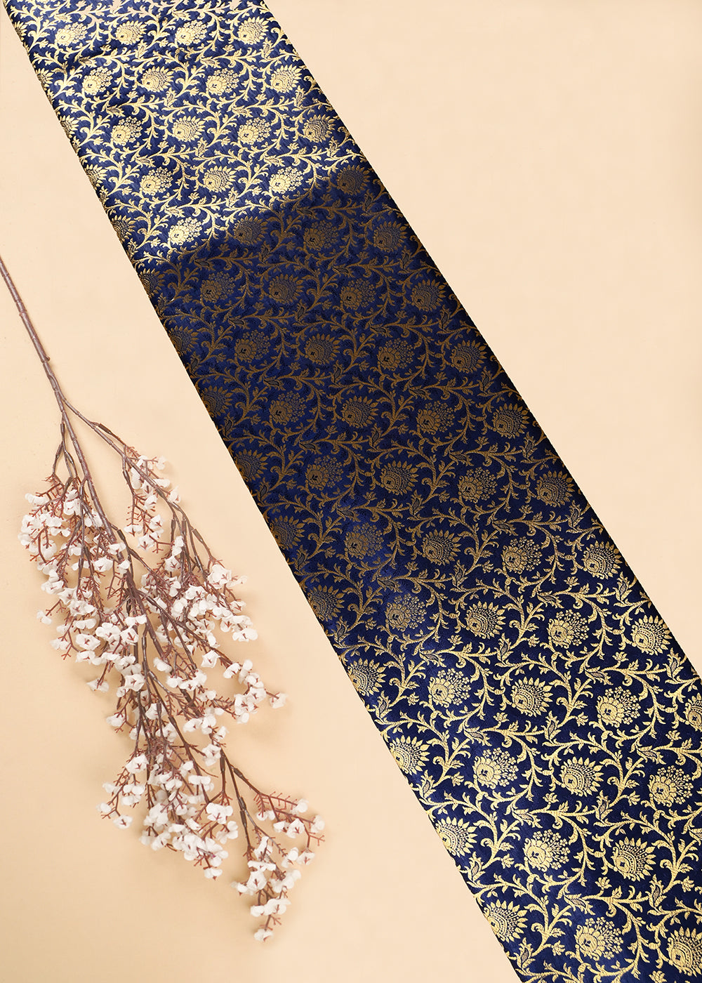 Navy Blue Banarasi Brocade Fabric With All Over Thread And Zari Handloom 26004