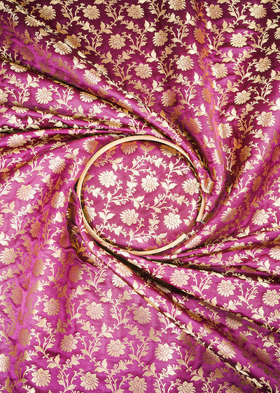 Wine Banarasi Brocade Fabric With All Over Zari Handloom 26016