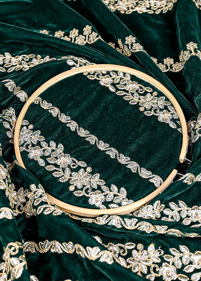 (Pre-Cut 1 MTR) Dark Green Velvet Fabric With All Over Zari And Sequins Work 26022