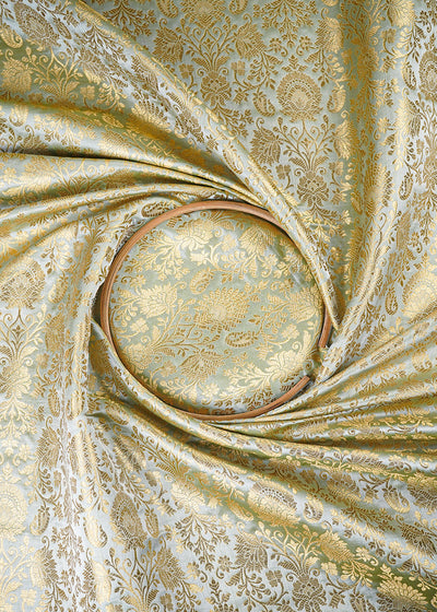 Mint Green Banarasi Brocade Fabric With All Over Zari Handloom 26024