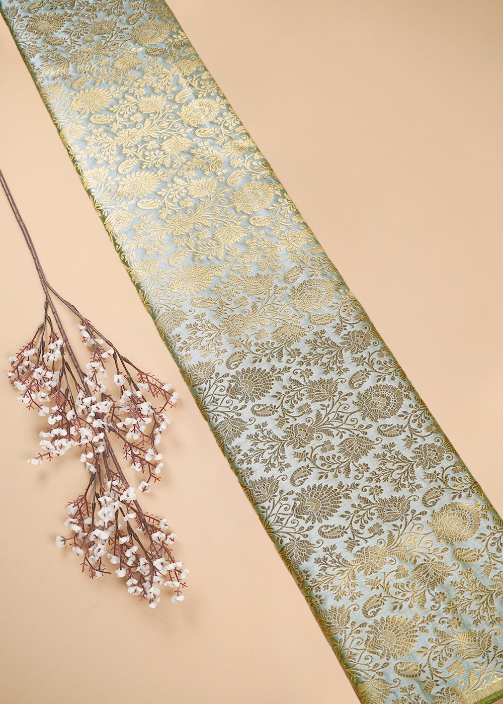 Mint Green Banarasi Brocade Fabric With All Over Zari Handloom 26024