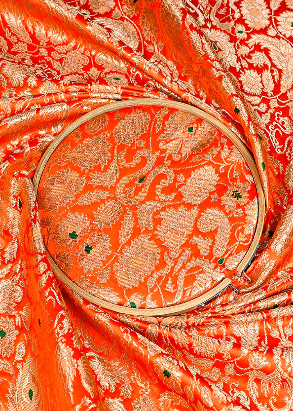 (Pre-Cut 1.2 MTR) Orange Banarasi Brocade Fabric With All Over Zari Handloom 26064