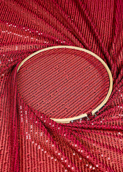(Pre-Cut 3 MTR) Maroon Lycra Net Fabric With All Over Sequins Work 26132
