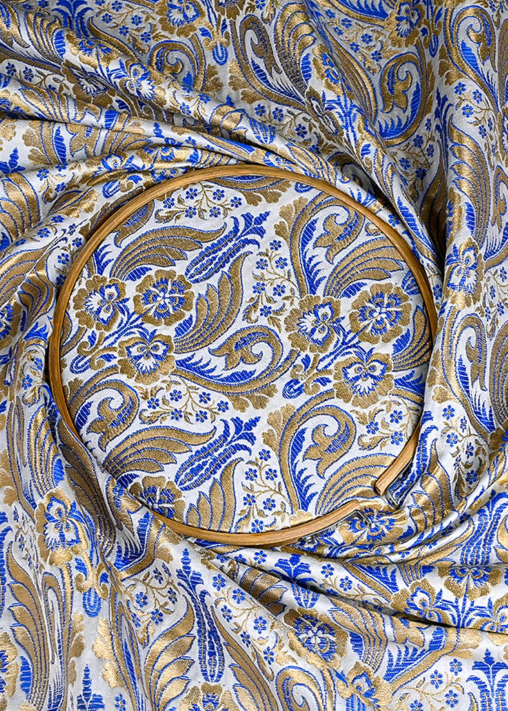 (Pre-Cut 2.75 MTR) White Banarasi Brocade Fabric With All Over Zari Handloom 26150