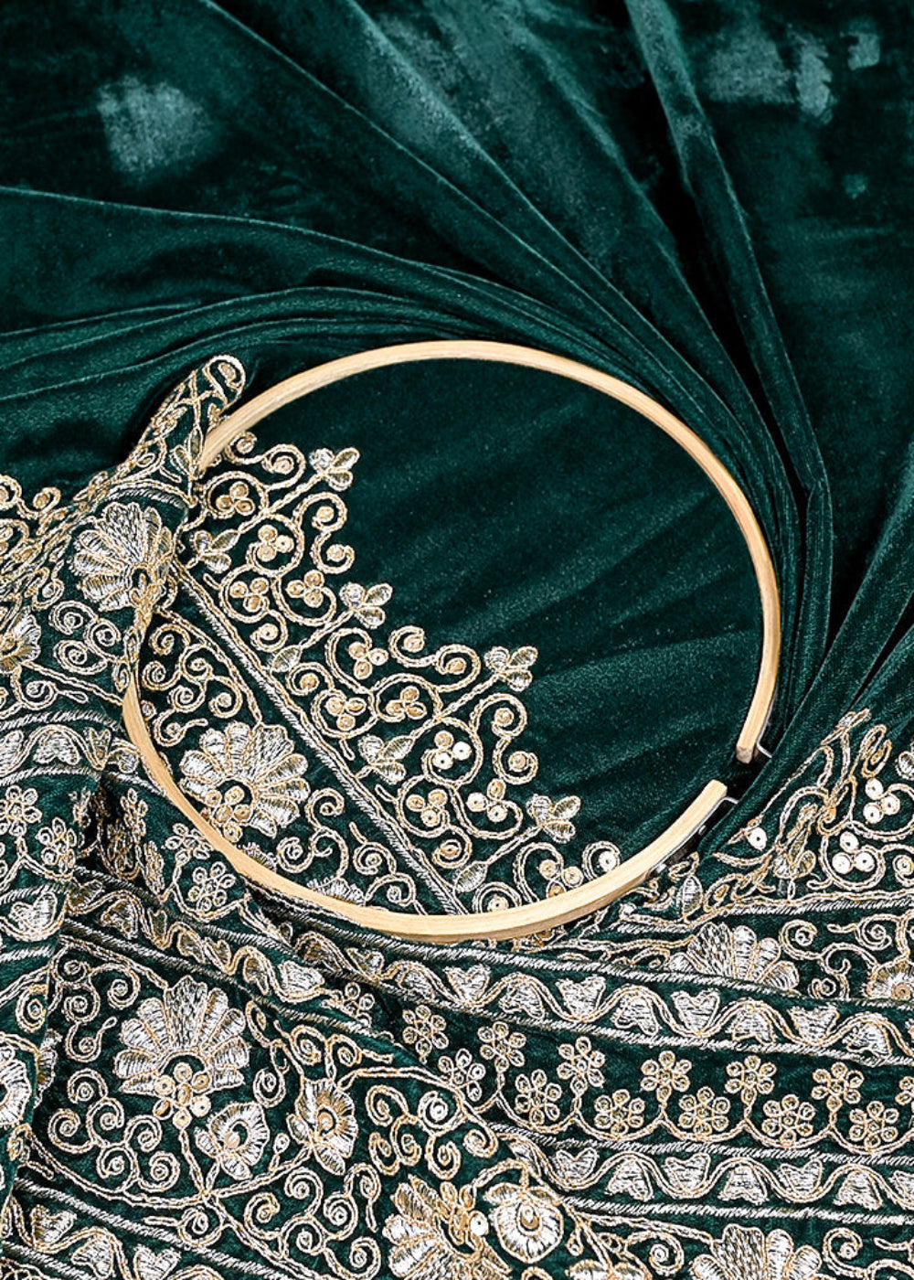 (Pre-Cut 1 MTR) Dark Green Velvet Fabric With One Side Zari And Sequins Border 26180