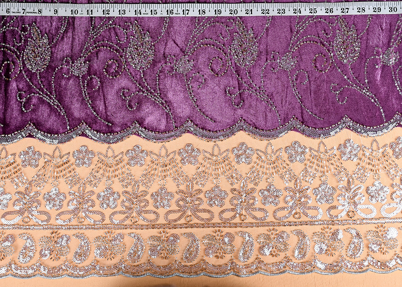 (Pre-Cut 1 MTR) Mauve Velvet Fabric With All Over Katdana, Bead And Sequins With One Side Net Border 26205
