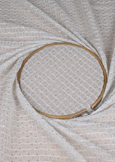 (Pre-Cut 2.1 MTR) White Georgette Fabric With All Over Thread And Sequins Work