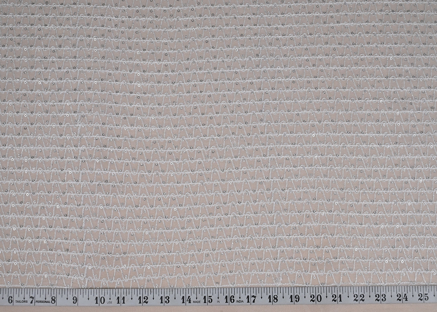 (Pre-Cut 2.1 MTR) White Georgette Fabric With All Over Thread And Sequins Work