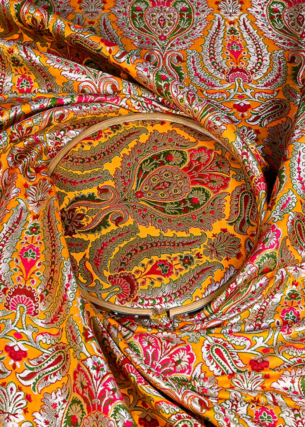 (Pre-Cut 1.9 MTR) Mustard Banarasi Brocade Fabric With All Over Zari Handloom 26260