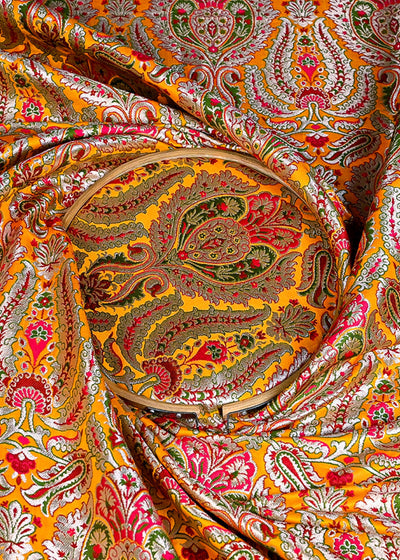 (Pre-Cut 1.9 MTR) Mustard Banarasi Brocade Fabric With All Over Zari Handloom 26260