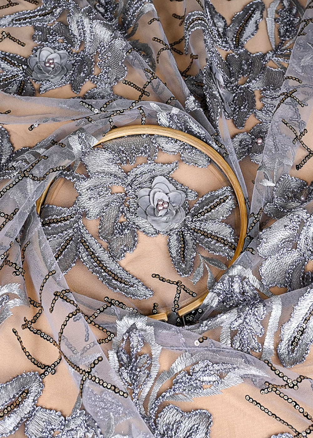 (Pre-Cut 2 MTR) Grey Net Fabric With All Over Sequins , Bead And Applique Work 26281