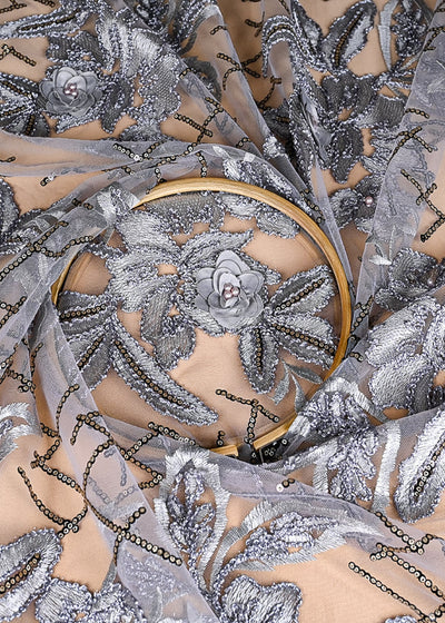 (Pre-Cut 2 MTR) Grey Net Fabric With All Over Sequins , Bead And Applique Work 26281