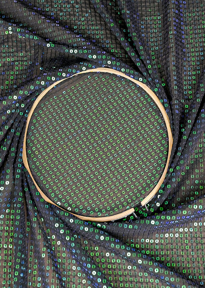 (Pre-Cut 2.25 MTR) Black Georgette Fabric With All Over Rainbow Sequins 26292