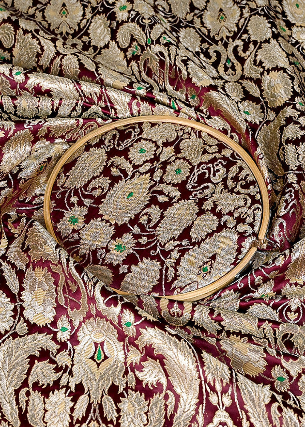 (Pre-Cut 2.35 MTR) Wine Banarasi Brocade Fabric With All Over Zari Handloom 26321