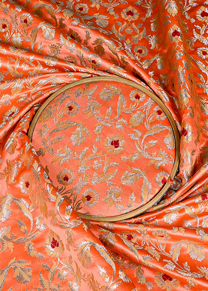 (Pre-Cut 0.8 MTR) Dark Peach Banarasi Brocade Fabric With All Over Zari Handloom 26350