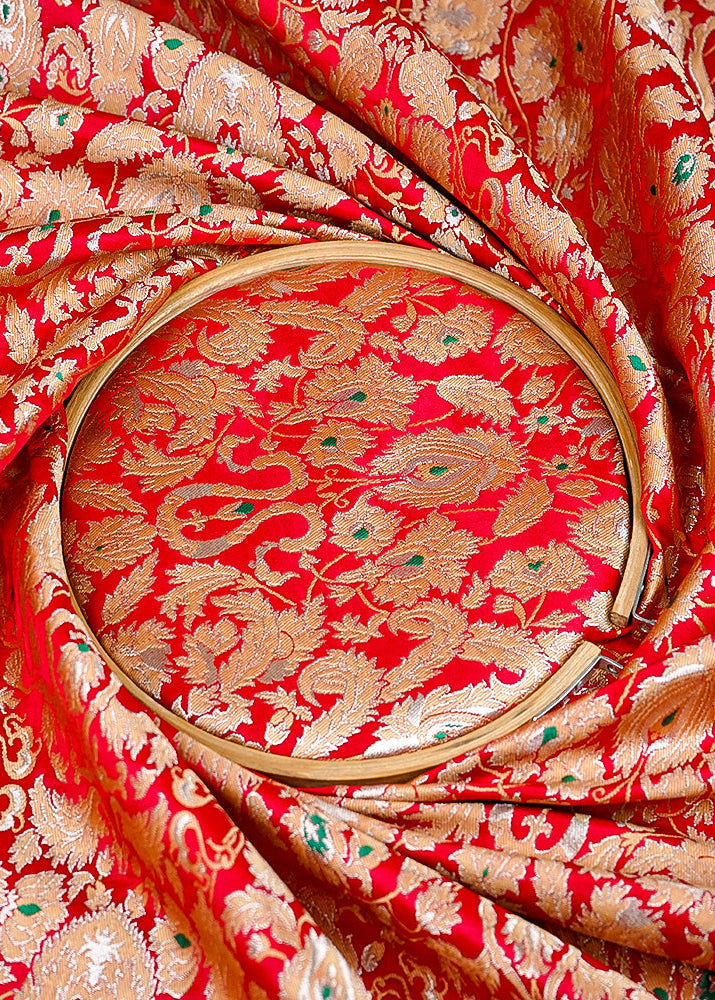 (Pre-Cut 2.3 MTR) Red Banarasi Brocade Fabric With All Over Zari Handloom 26354