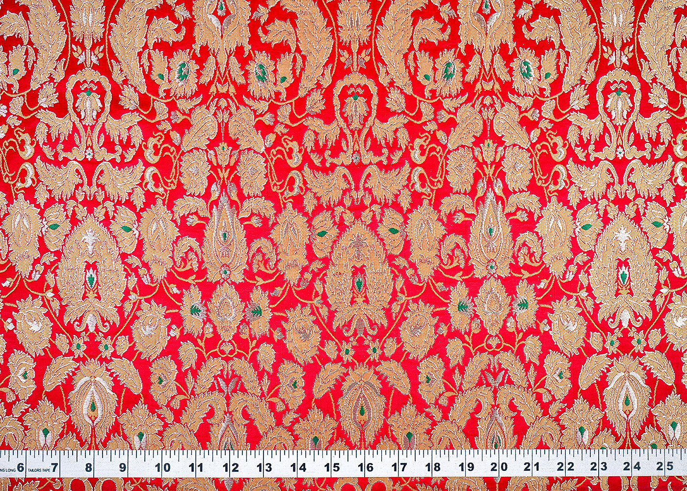 (Pre-Cut 2.3 MTR) Red Banarasi Brocade Fabric With All Over Zari Handloom 26354