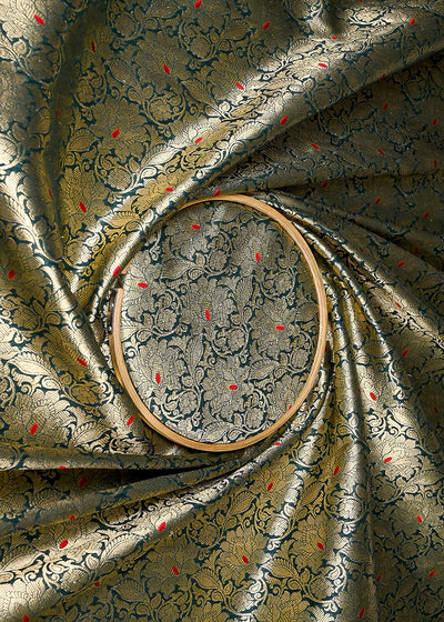 (Pre-Cut 1.65 MTR) Dark Green Banarasi Brocade Fabric With All Over Zari Handloom 26358